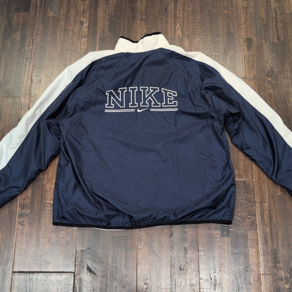 Vintage Nike Track Jacket Womens XL Windbreaker Navy Blue White Swoosh Logo 90s‎